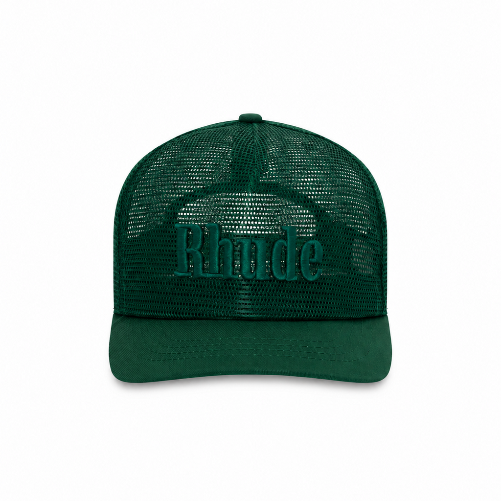A dark green trucker hat with a mesh back and a solid green visor, featuring the word 'Rhude' in raised green lettering on the front panel.