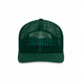 A dark green trucker hat with a mesh back and a solid green visor, featuring the word 'Rhude' in raised green lettering on the front panel.