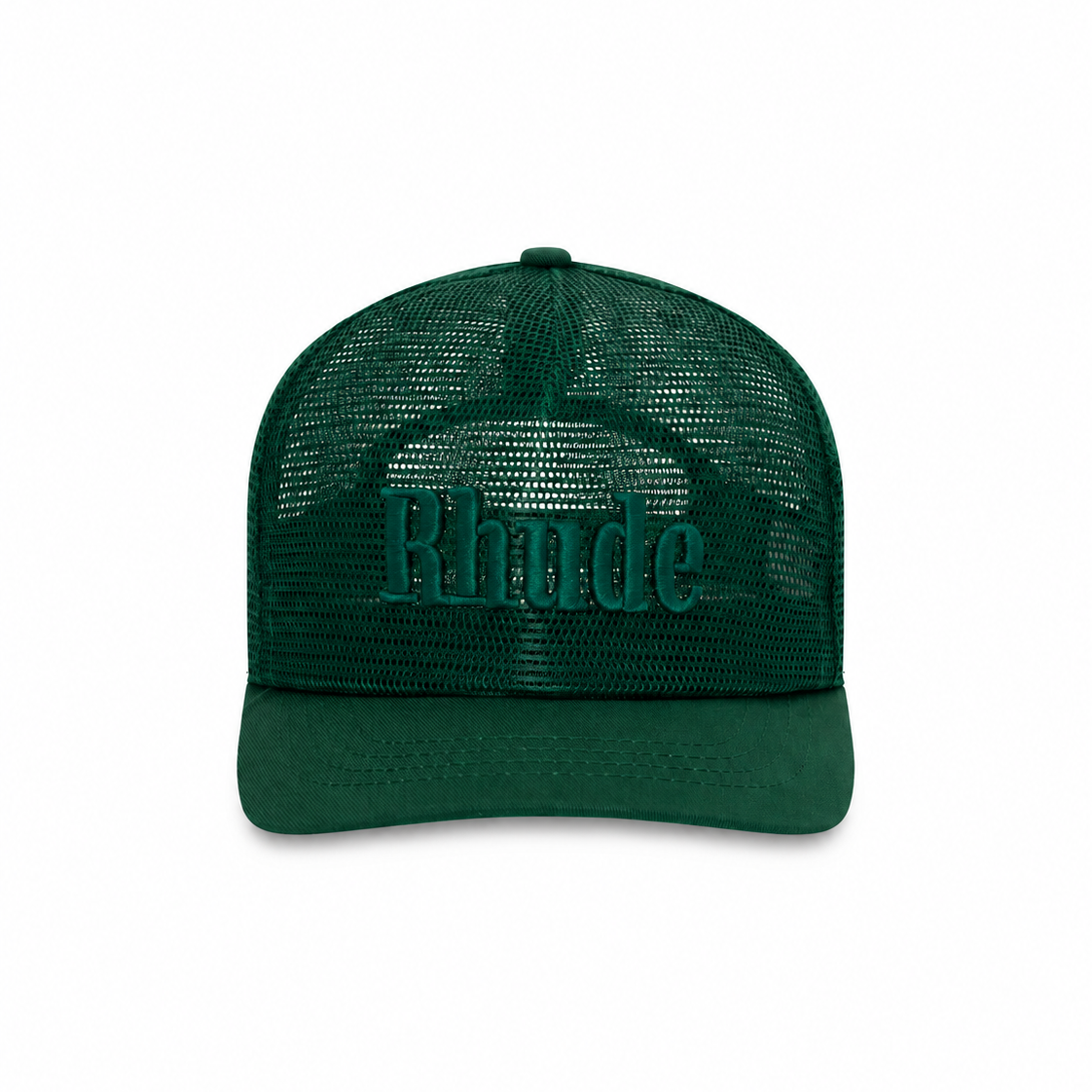A dark green trucker hat with a mesh back and a solid green visor, featuring the word 'Rhude' in raised green lettering on the front panel.