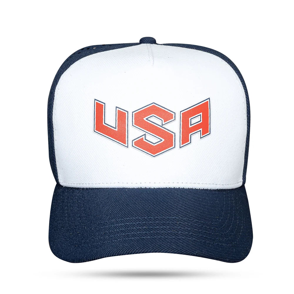 Boné Snapback Azul Trucker Laser Branco USA - imagem 3
